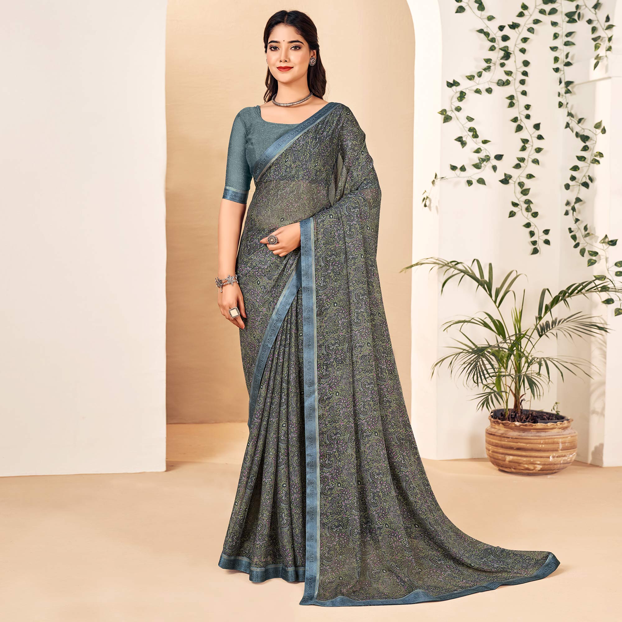Grey Floral Printed Chiffon Saree With Lace Border