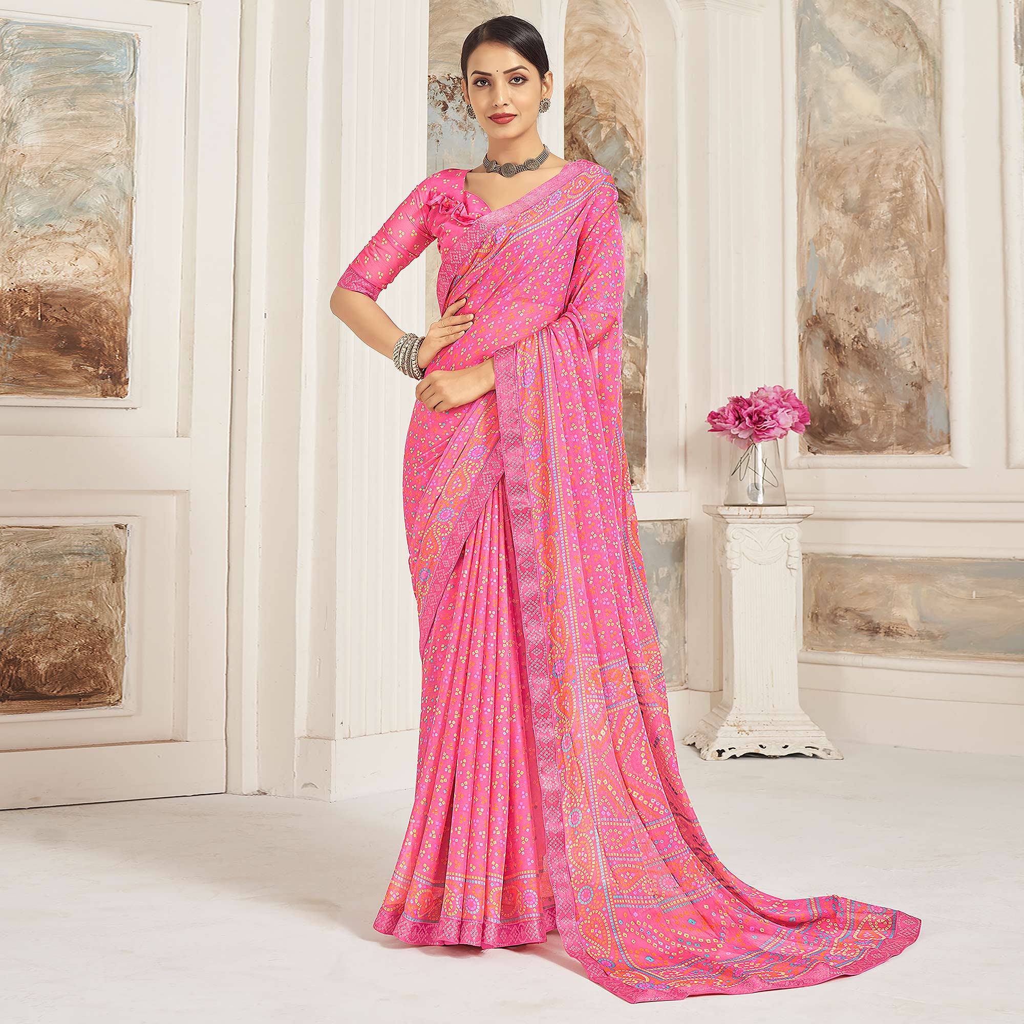 Pink Bandhani Printed Chiffon Saree
