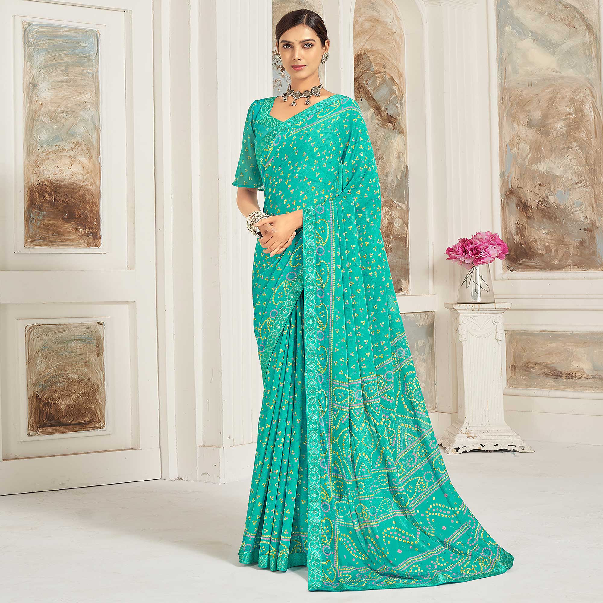 Turquoise Bandhani Printed Chiffon Saree