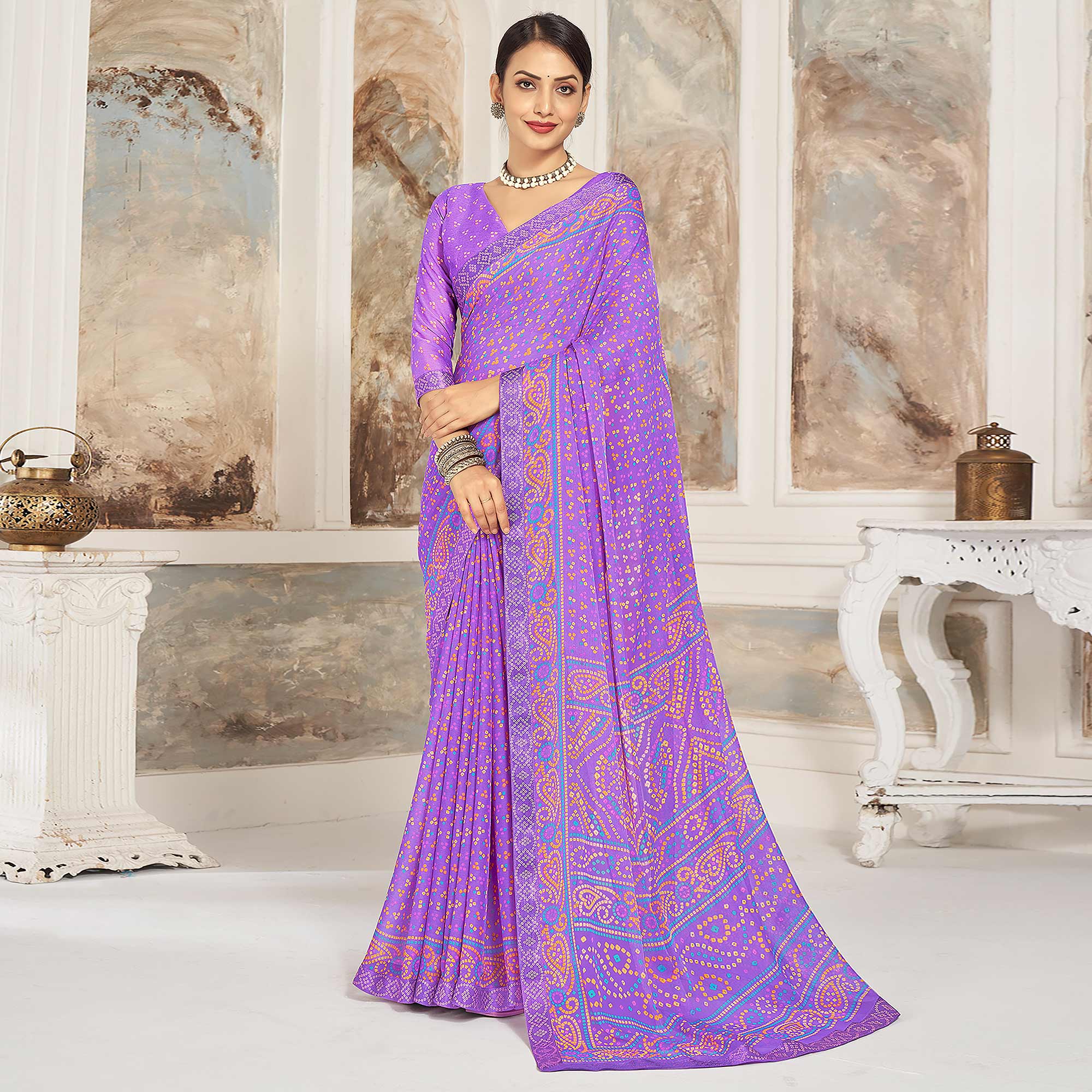Purple Bandhani Printed Chiffon Saree