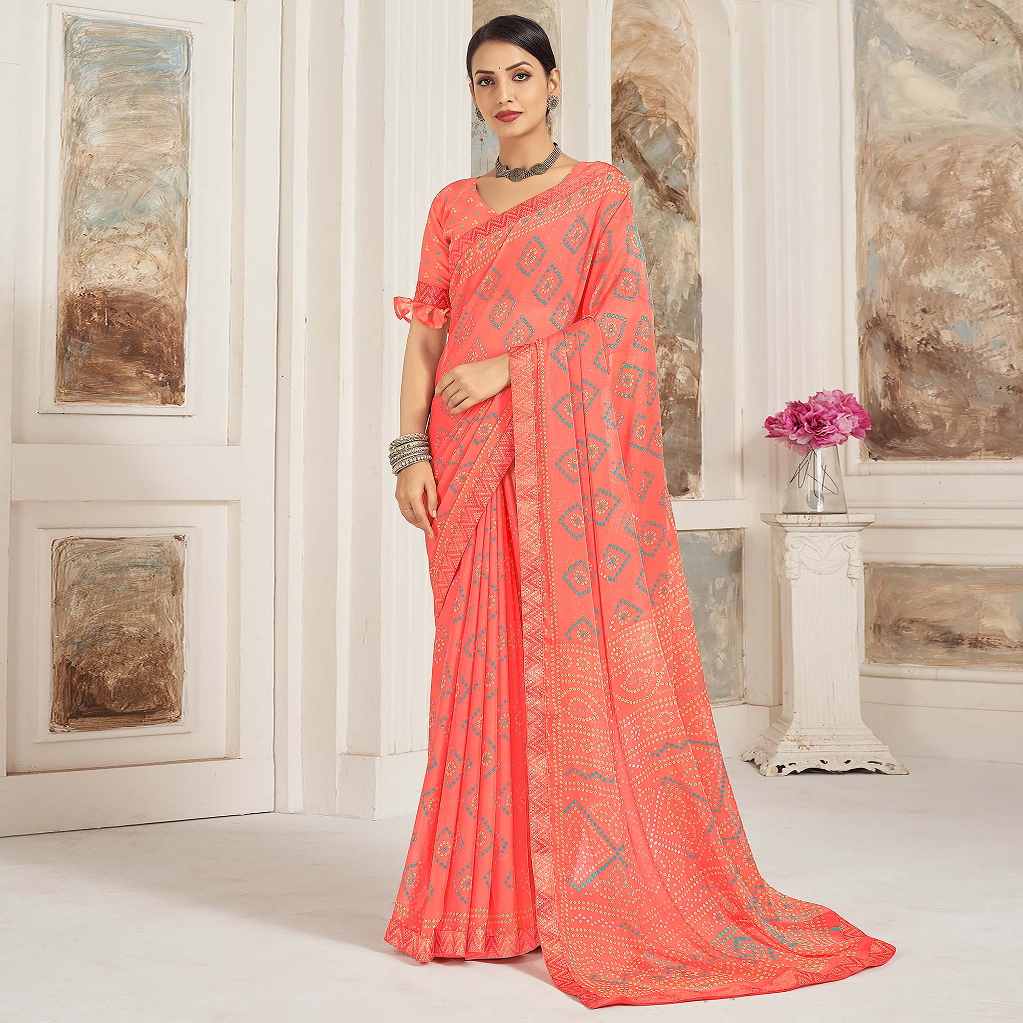 Salmon Pink Bandhani Printed Chiffon Saree
