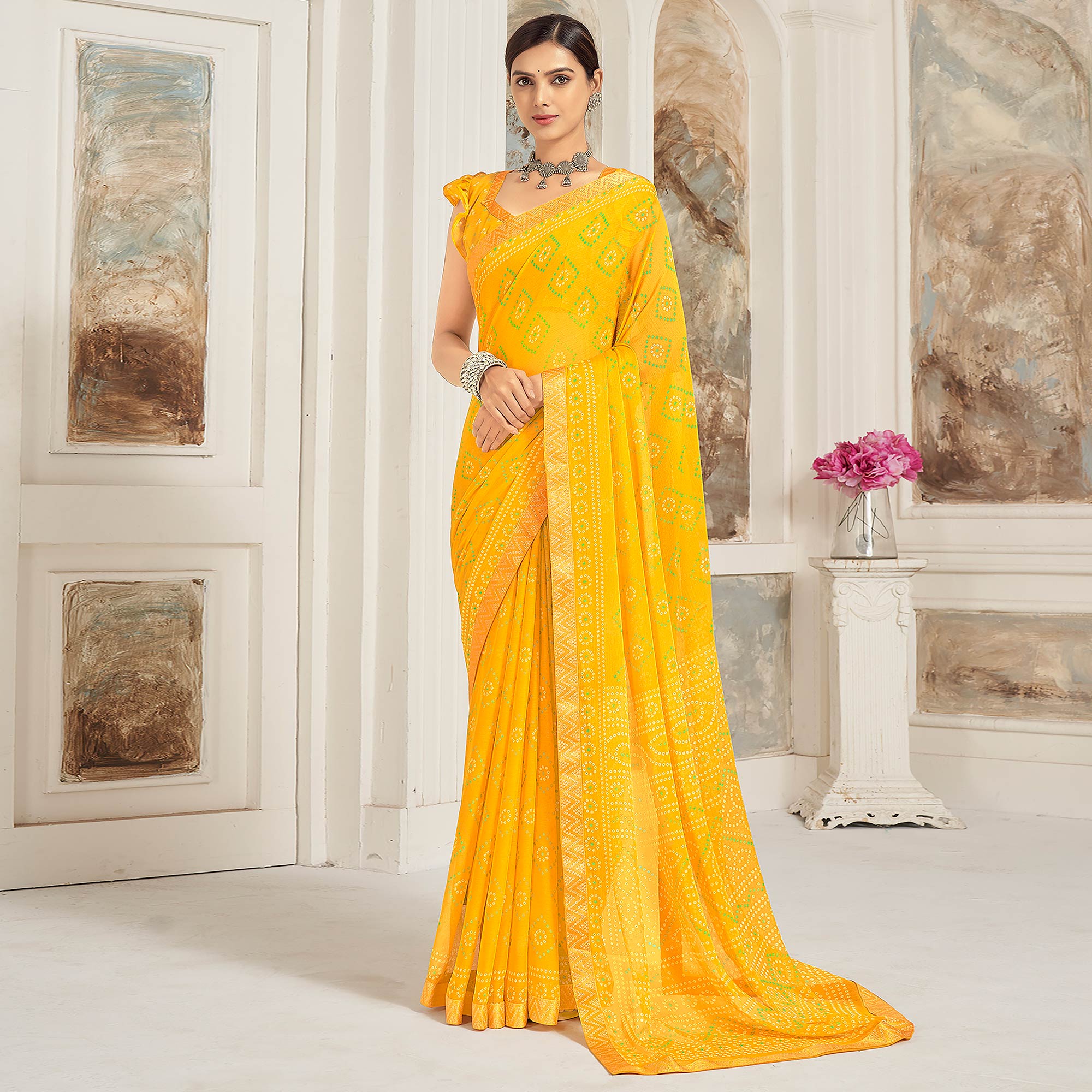 Yellow Bandhani Printed Chiffon Saree