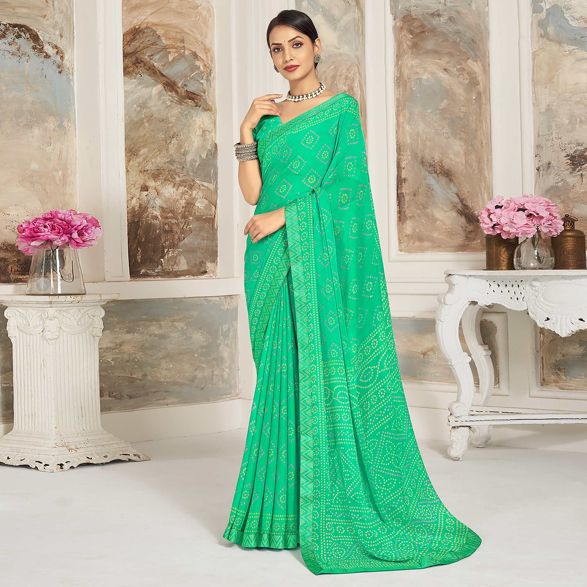 Sea Green Bandhani Printed Chiffon Saree