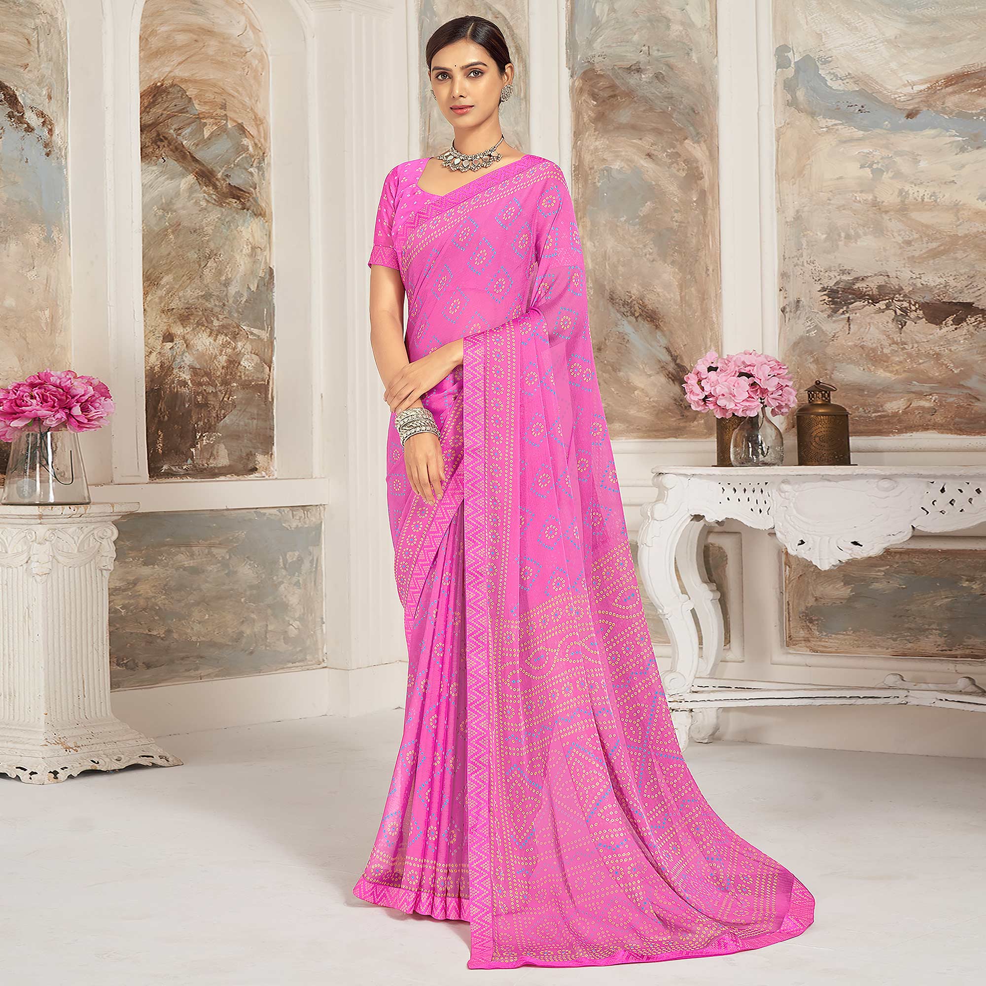 Pink Bandhani Printed Chiffon Saree