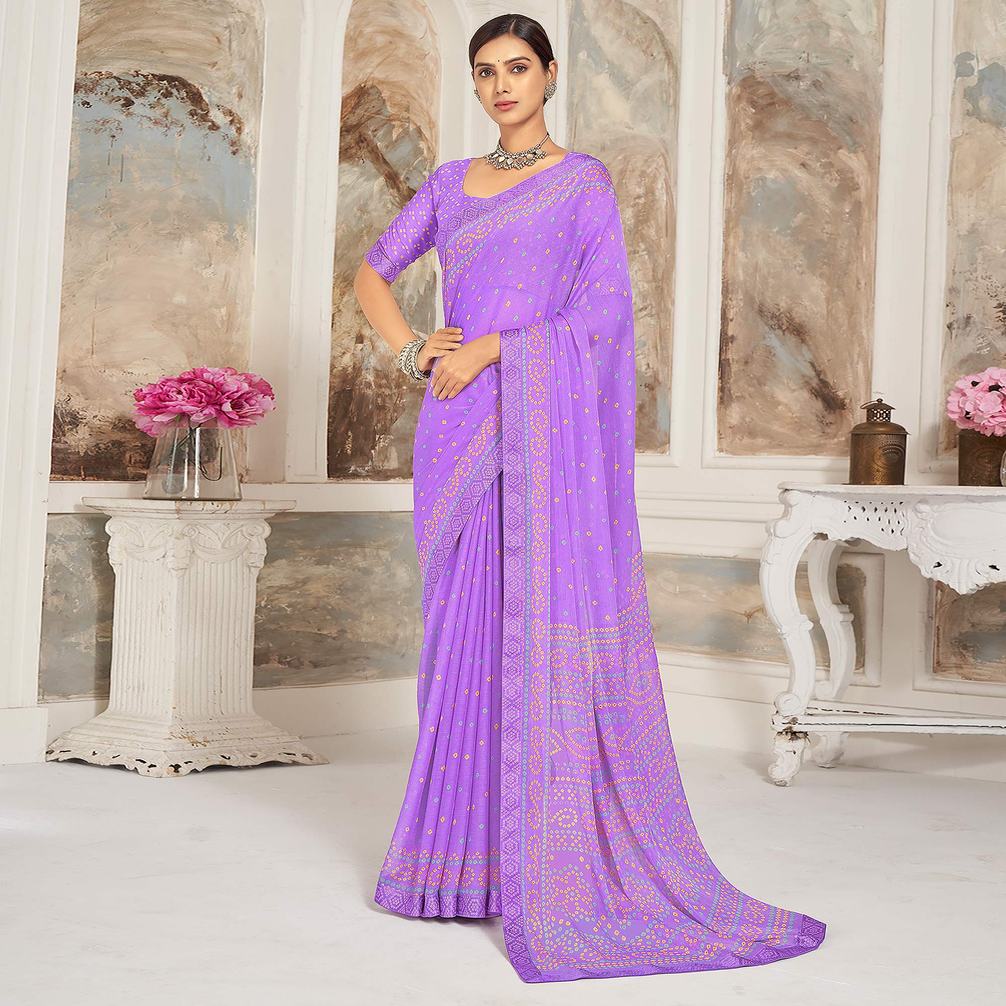 Purple Bandhani Printed Chiffon Saree
