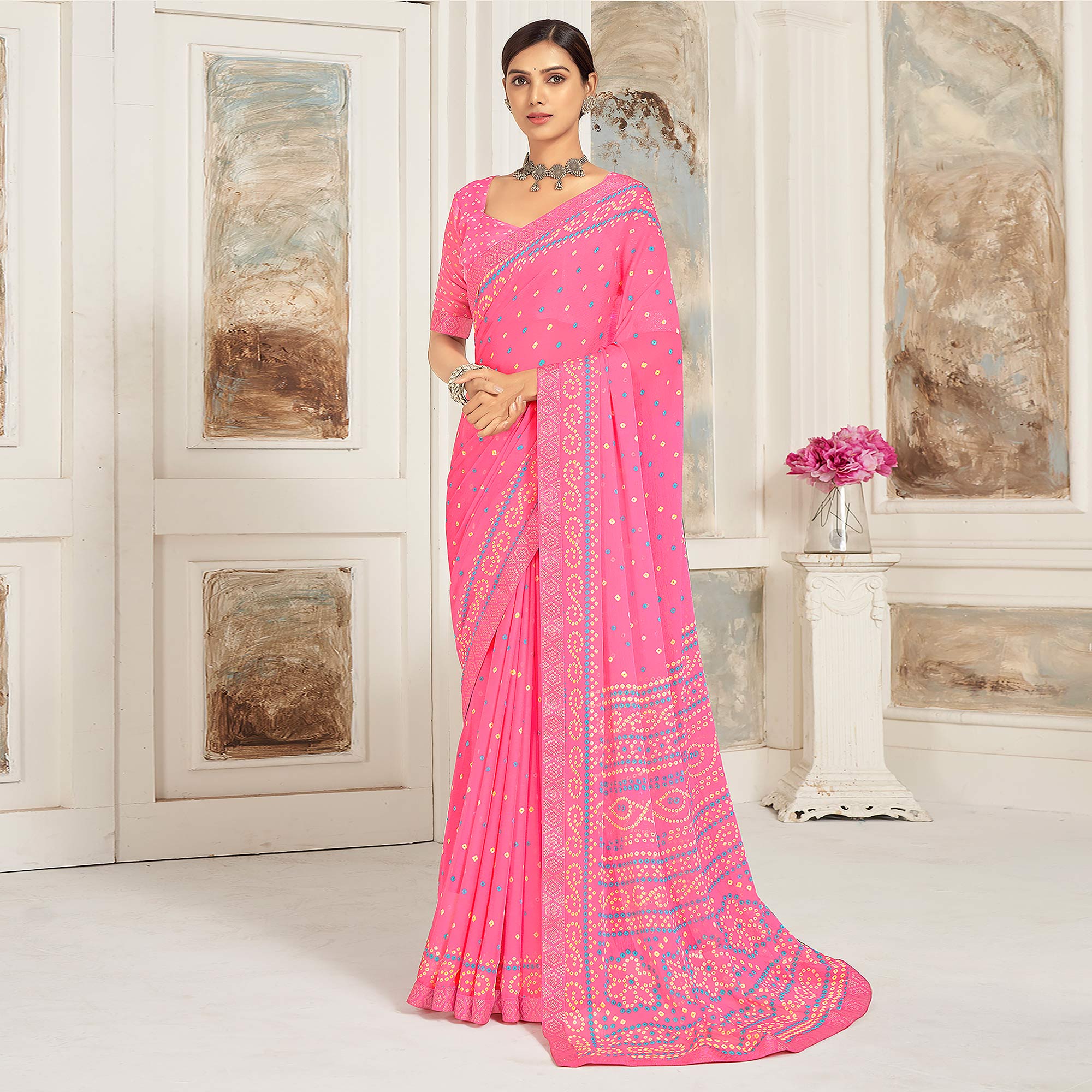 Pink Bandhani Printed Chiffon Saree