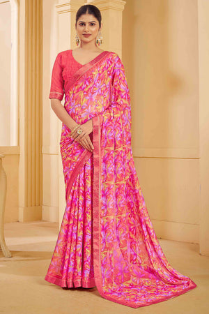 Fuchsia Pink Chiffon Saree Adorned With Artistic Floral Print & Finely Crafted Woven Lace Border