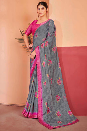 Grey Chiffon Saree Featuring Delicate Floral Prints & A Graceful Lace Border