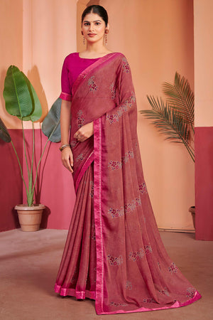 Mauve Chiffon Saree Featuring Delicate Floral Prints & A Graceful Lace Border