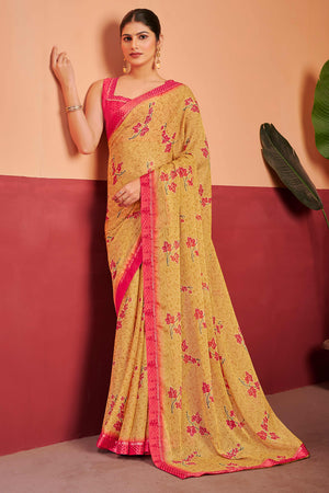 Mustard Chiffon Saree Featuring Delicate Floral Prints & A Graceful Lace Border