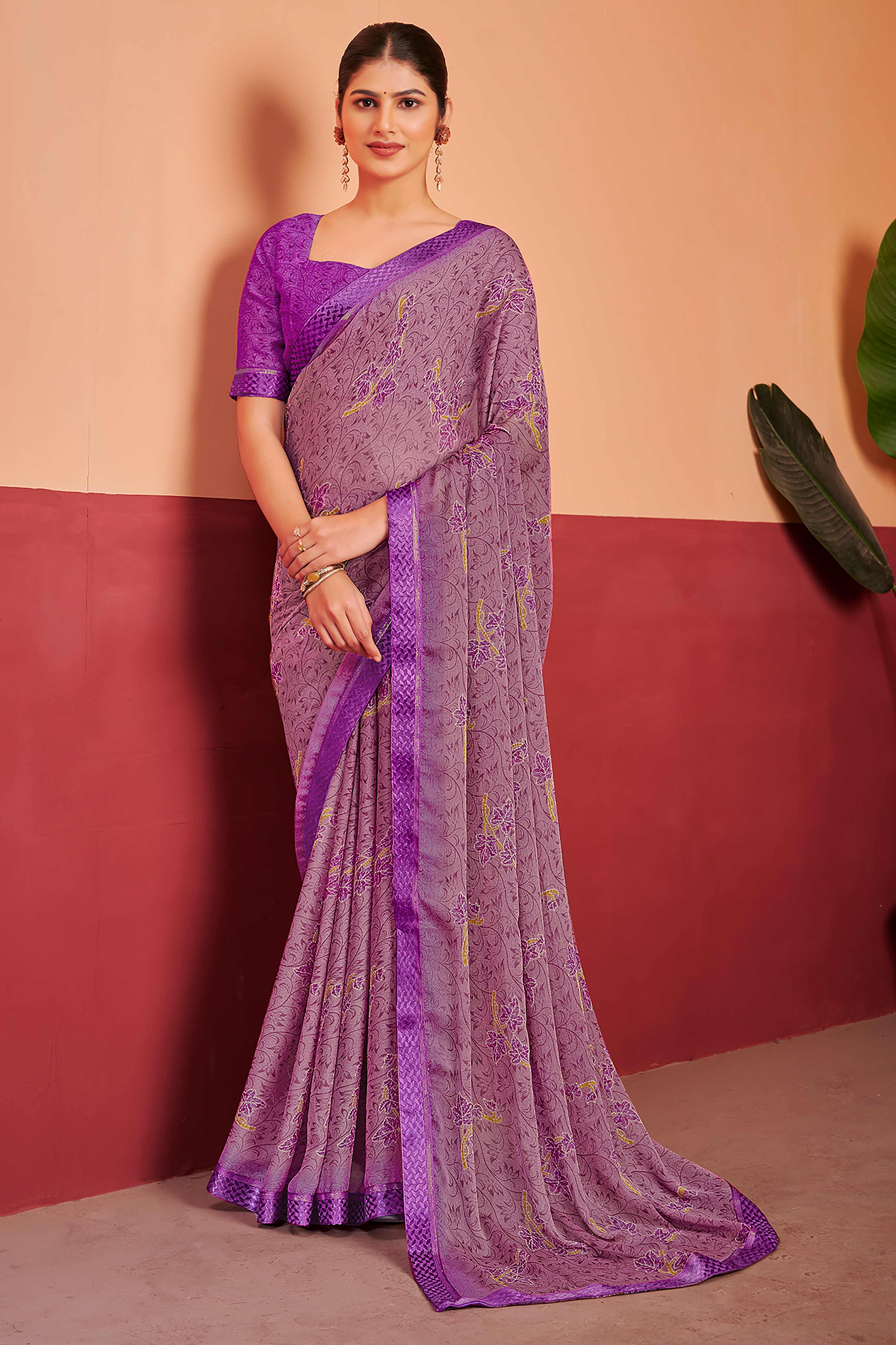Purple Chiffon Saree Featuring Delicate Floral Prints & A Graceful Lace Border