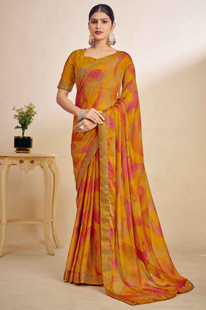 Mustard Chiffon Saree Adorned With Artistic Print & Finely Crafted Woven Lace Border