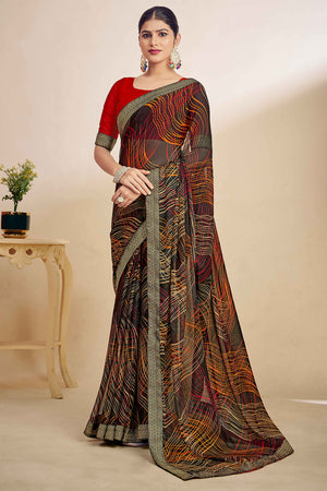 Black Chiffon Saree Adorned With Artistic Print & Finely Crafted Woven Lace Border