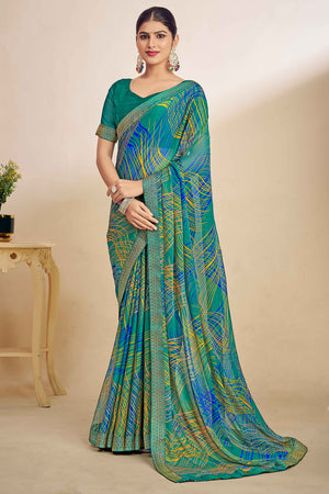 Teal Chiffon Saree Adorned With Artistic Print & Finely Crafted Woven Lace Border