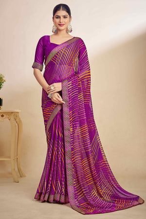 Purple Chiffon Saree Adorned With Artistic Print & Finely Crafted Woven Lace Border