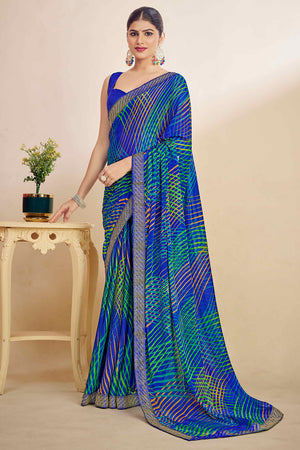 Blue Chiffon Saree Adorned With Artistic Print & Finely Crafted Woven Lace Border