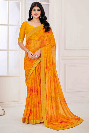 Mustard Chiffon Saree with Tie-Dye Abstract Print & Lace Work With Lace Work