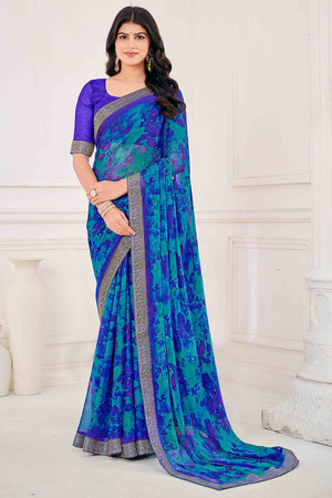 Blue Chiffon Saree with Tie-Dye Abstract Print & Lace Work With Lace Work