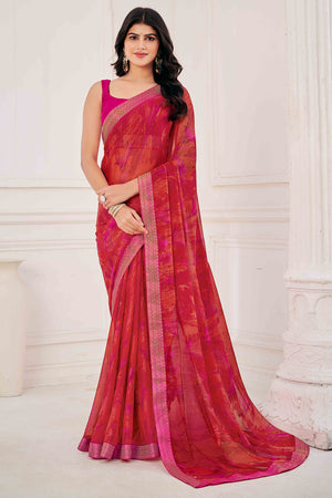 Brick red Chiffon Saree with Tie-Dye Abstract Print & Lace Work With Lace Work