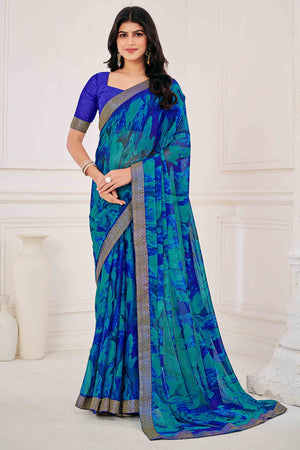 Blue Chiffon Saree with Tie-Dye Abstract Print & Lace Work With Lace Work