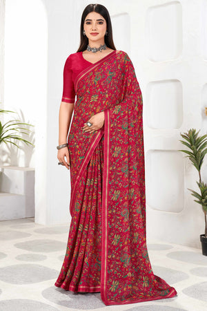 Elegant Floral Printed Chiffon Saree In Reddish Pink With Delicate Lace Border