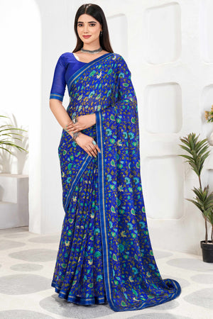 Sophisticated Floral Printed Chiffon Saree In Blue With Delicate Lace Border