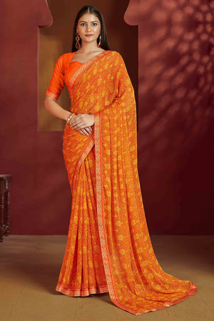 Floral Printed Chiffon Saree in Orange with Elegant Lace Work for Casual Occasions