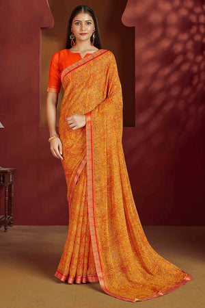Floral Printed Chiffon Saree in Mustard with Elegant Lace Work for Casual Occasions