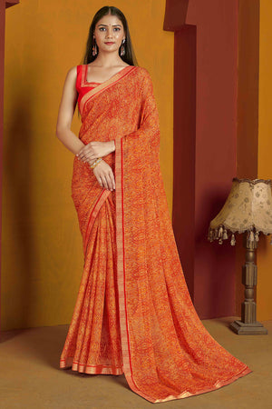 Floral Printed Chiffon Saree in Orange with Elegant Lace Work for Casual Occasions