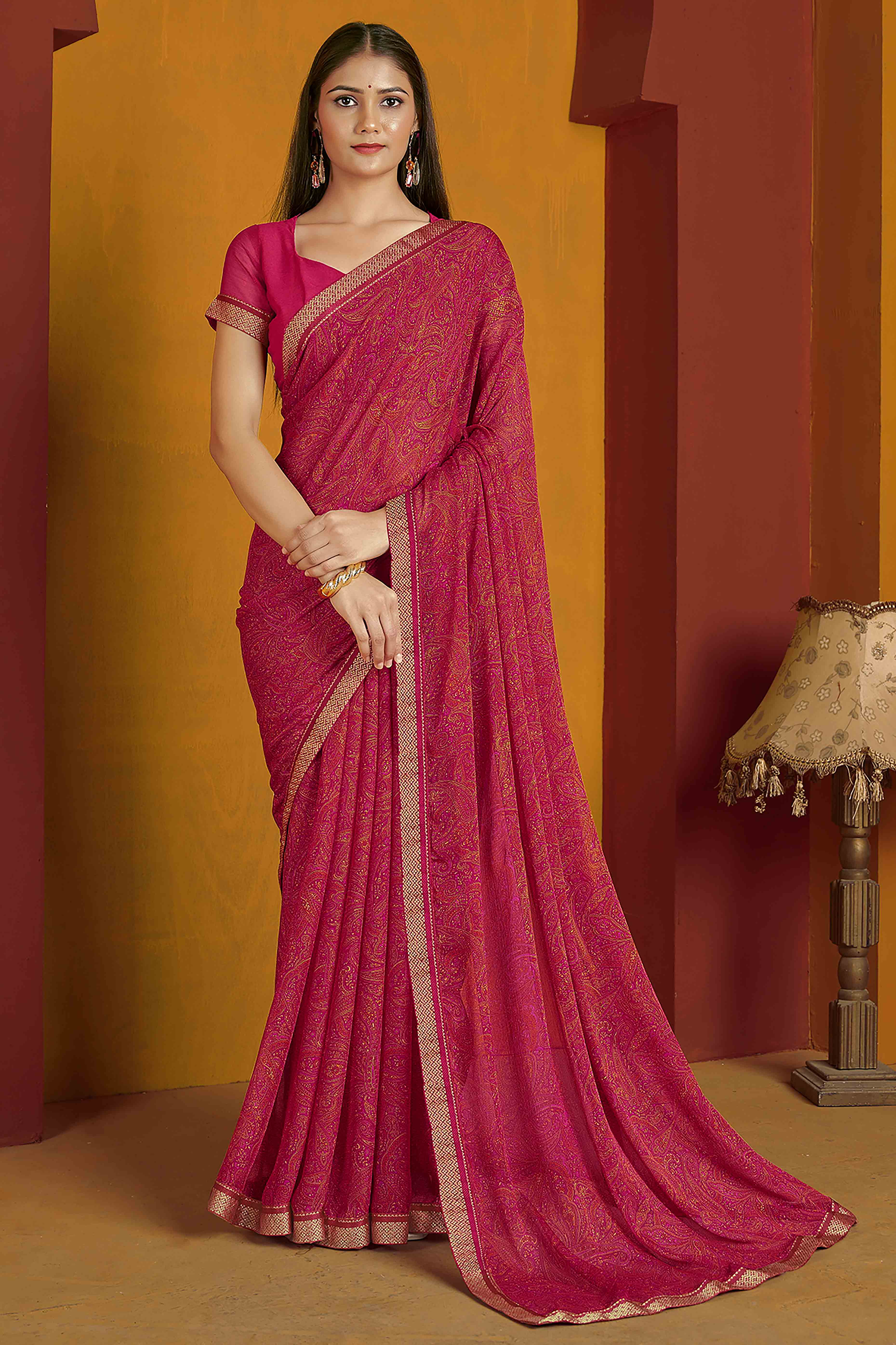 Floral Printed Chiffon Saree in Deep Pink with Elegant Lace Work for Casual Occasions