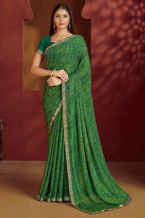 Floral Printed Chiffon Saree in Green with Elegant Lace Work for Casual Occasions