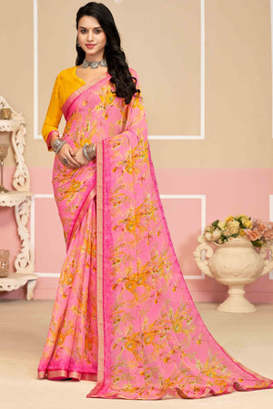 Refreshing Floral Printed Chiffon Saree In Pink with Delicate Woven Lace Border