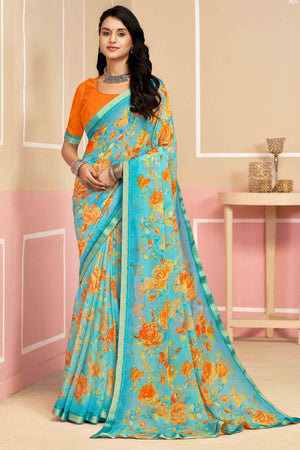 Sophisticated Floral Printed Chiffon Saree In Sky Blue with Delicate Woven Lace Border