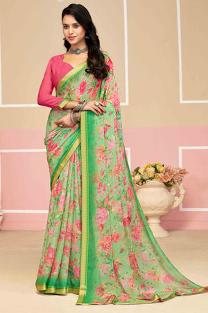 Stunning Floral Printed Chiffon Saree In Green with Delicate Woven Lace Border