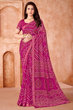 Magenta Chiffon Saree Featuring Traditional Bandhani Prints & A Graceful Lace Edge
