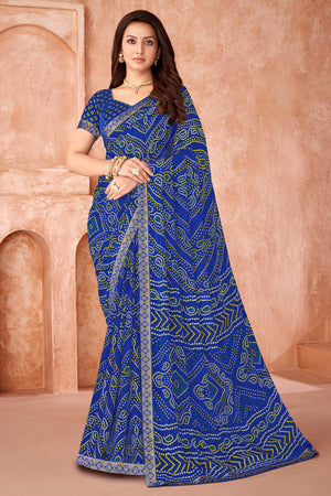 Blue Chiffon Saree Featuring Traditional Bandhani Prints & A Graceful Lace Edge