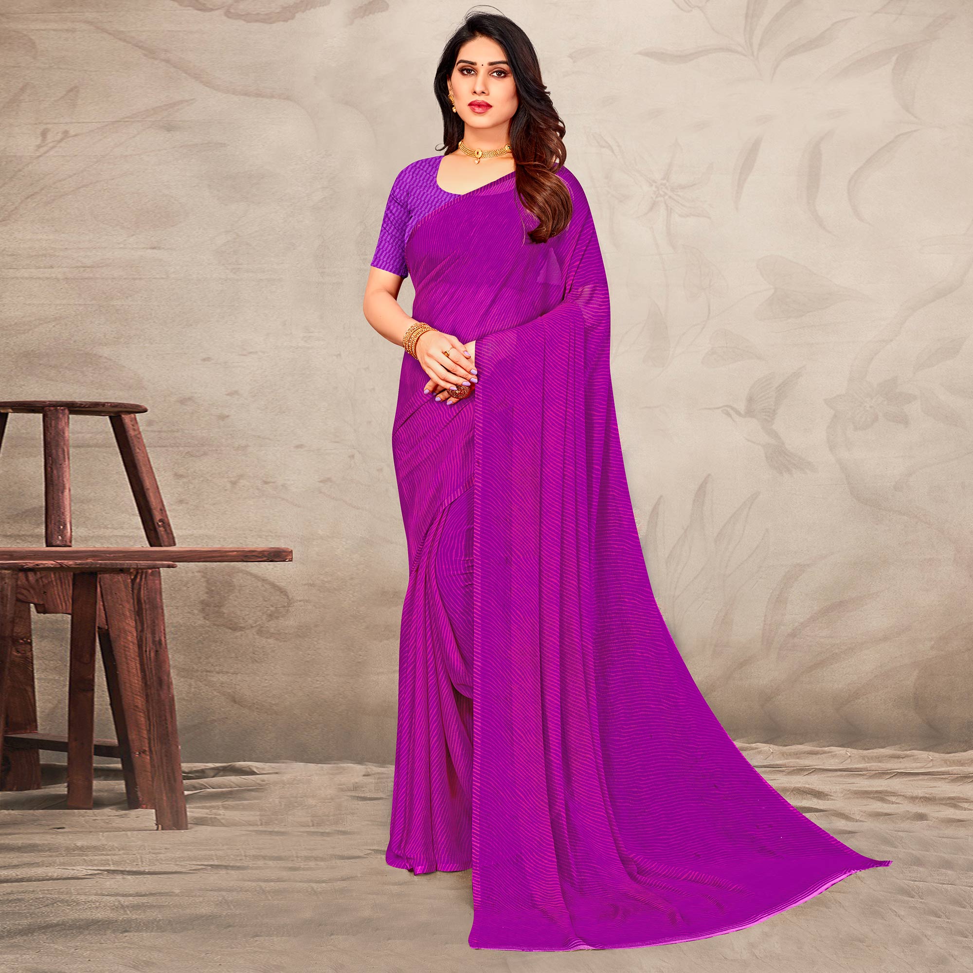 Purple Printed Chiffon Saree