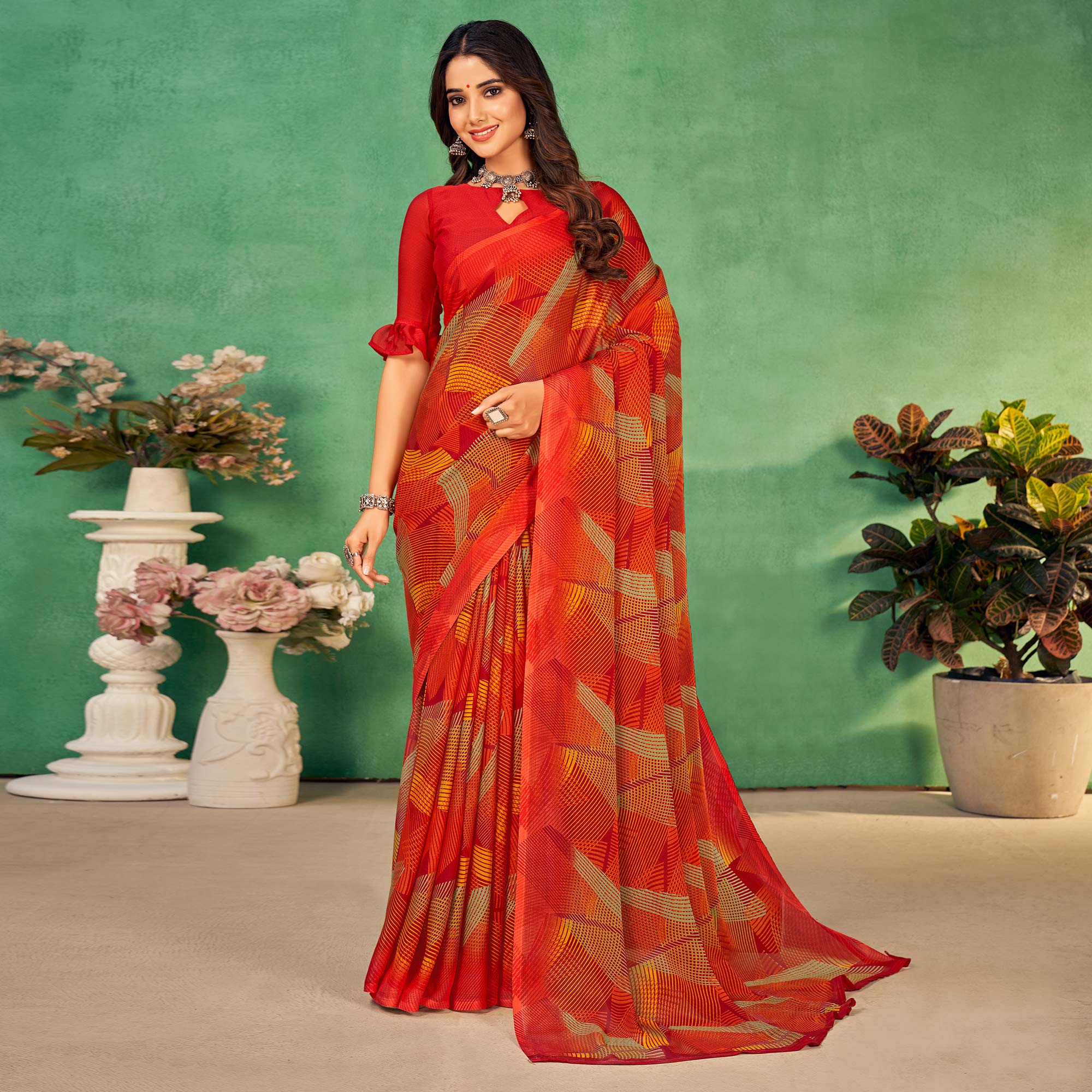 Red Geometric Printed Chiffon Saree