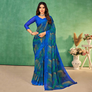Blue Geometric Printed Chiffon Saree