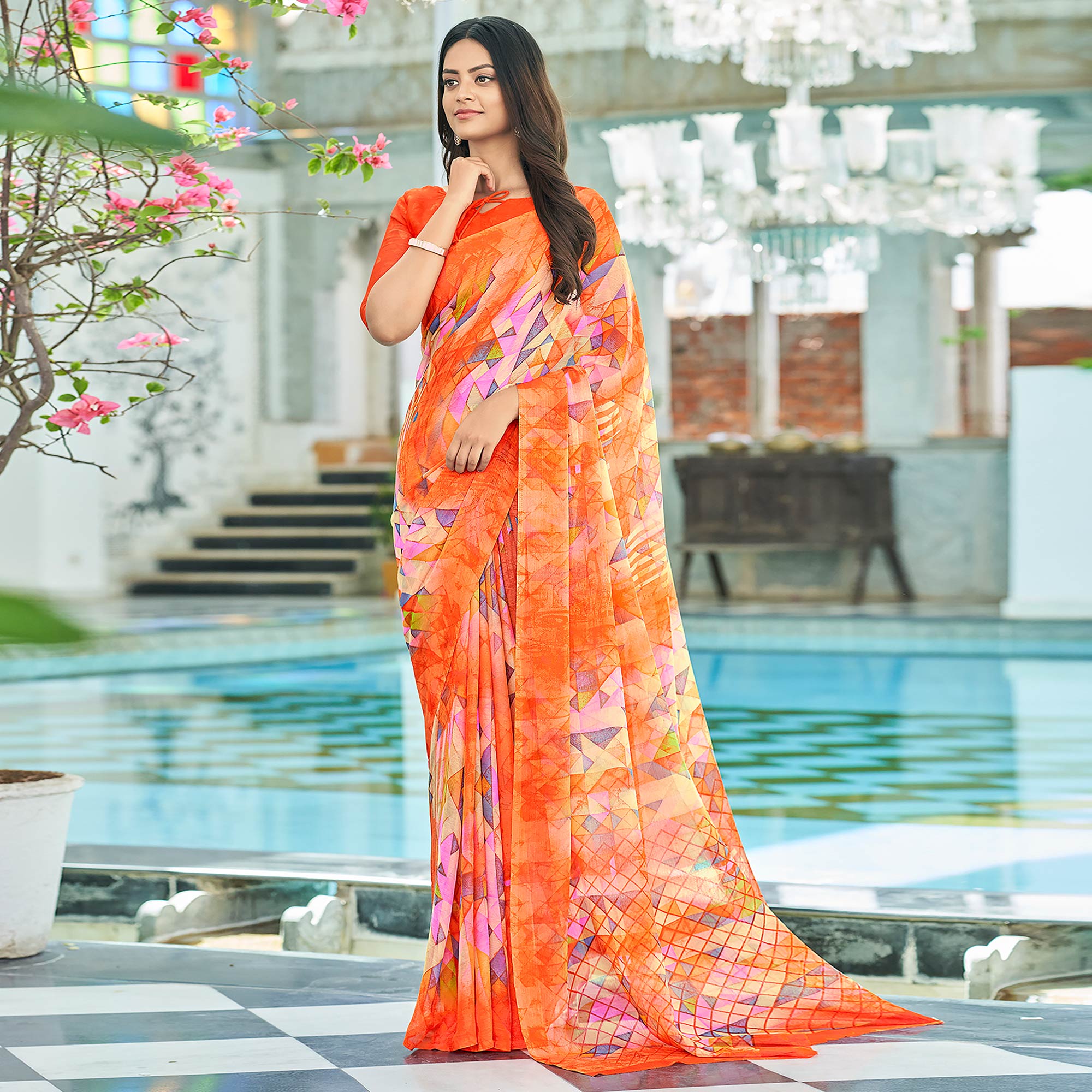 Orange Geometric Printed Chiffon Saree