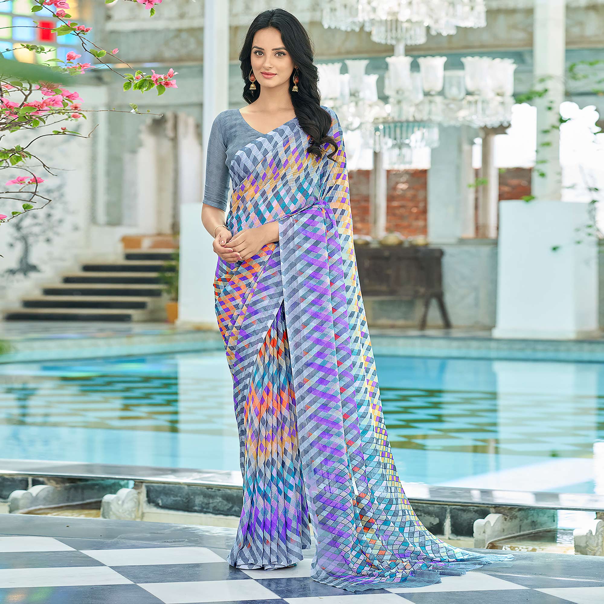 Grey Checks Printed Chiffon Saree