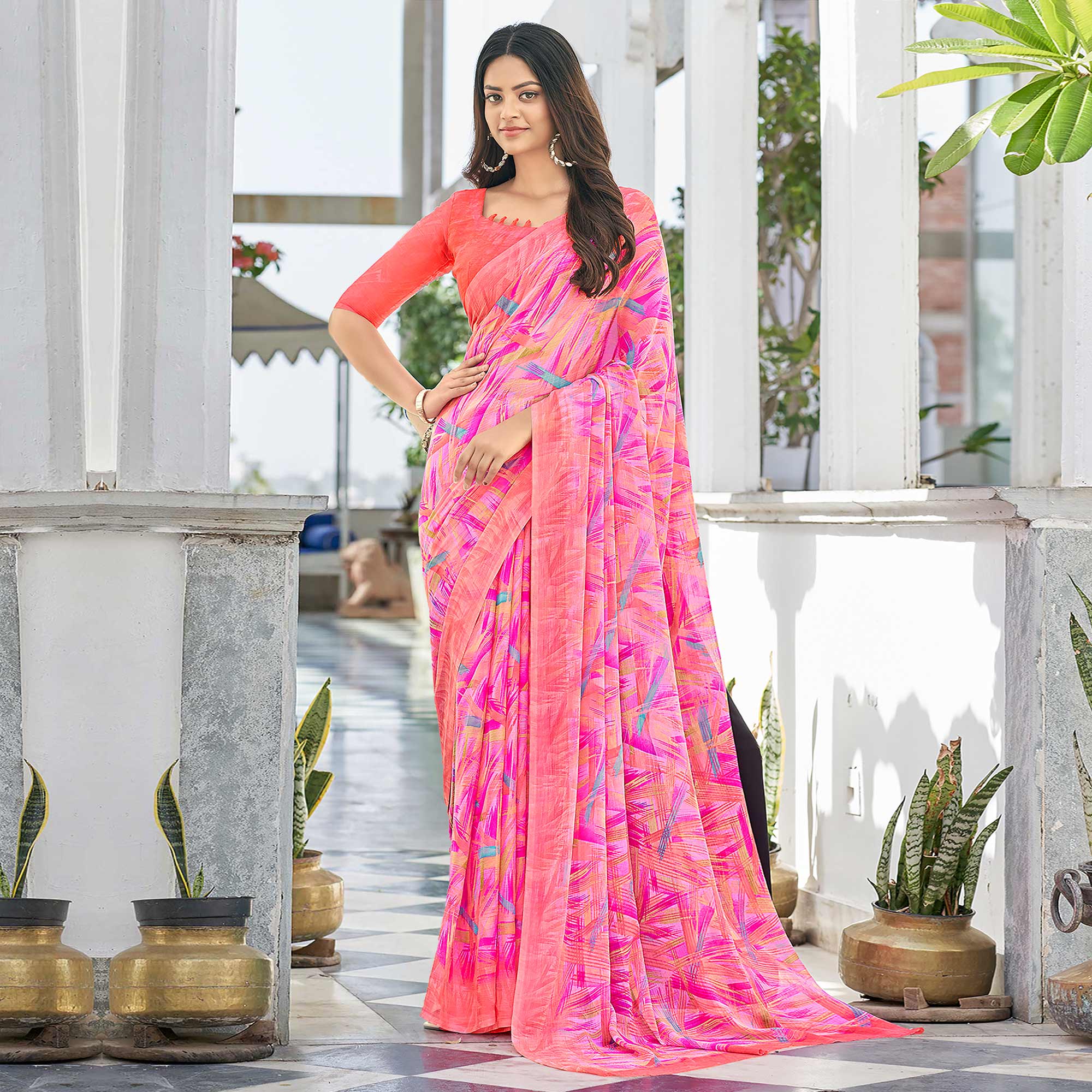 Pink Geometric Printed Chiffon Saree