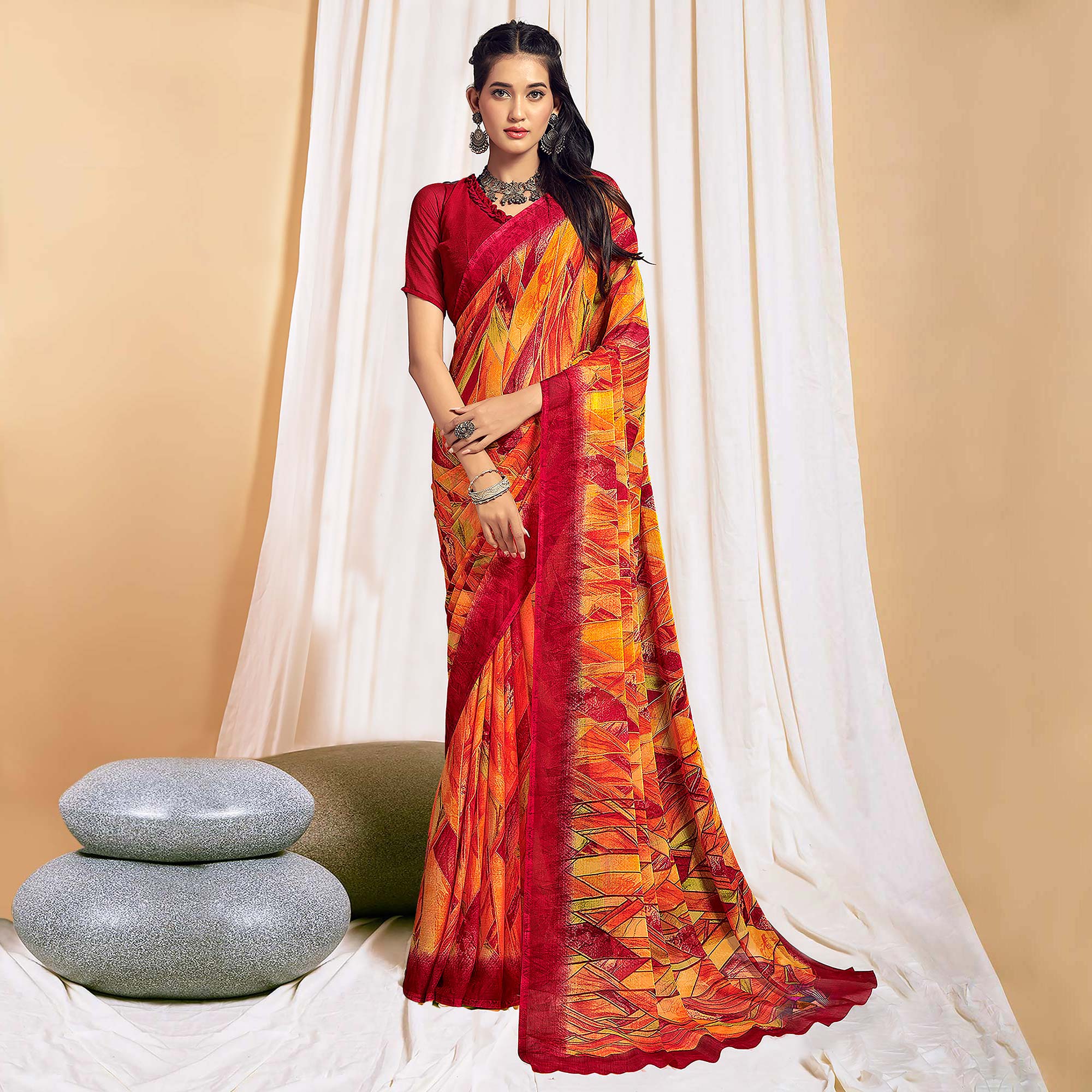Orange & Red Printed Chiffon Saree
