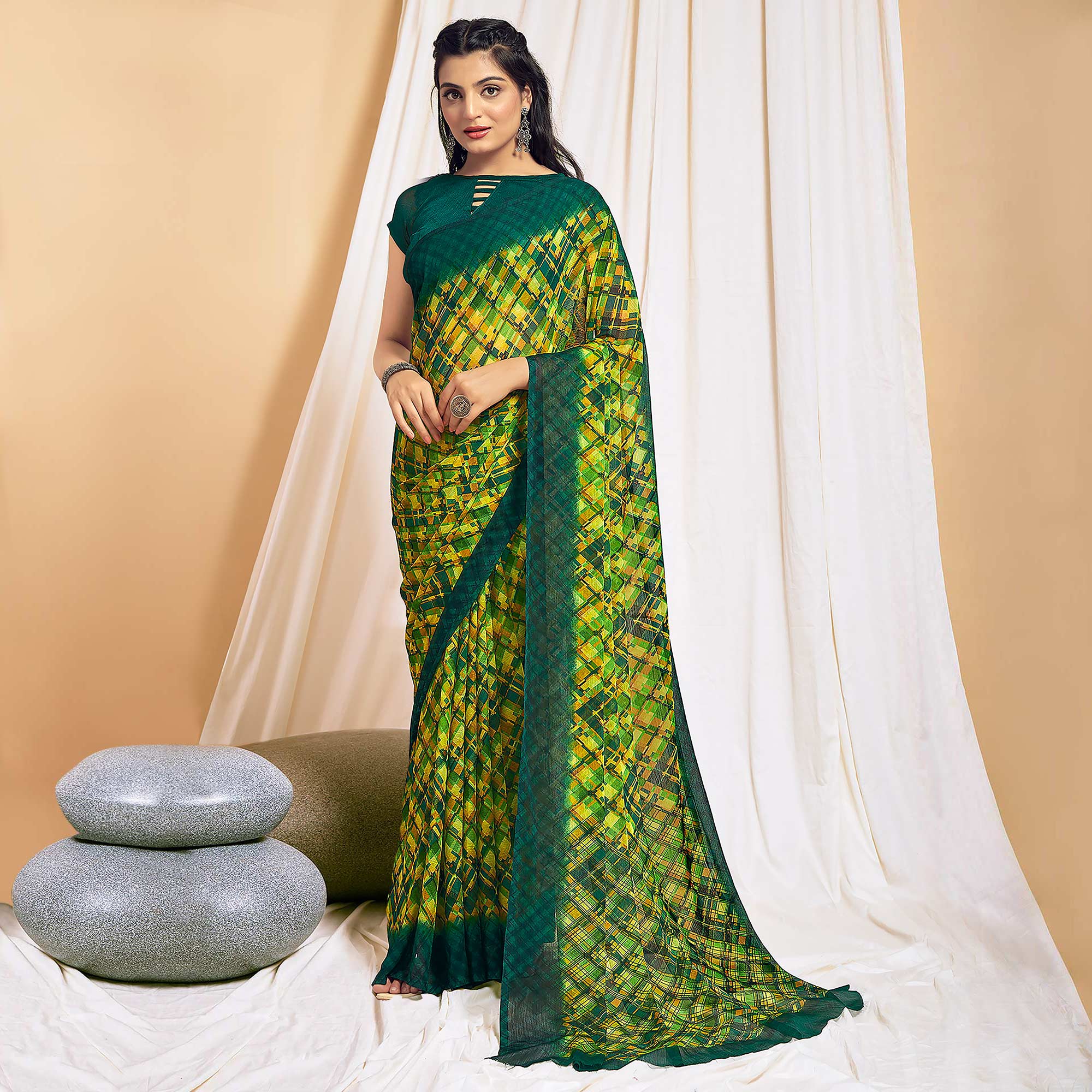 Lemon Green Printed Chiffon Saree