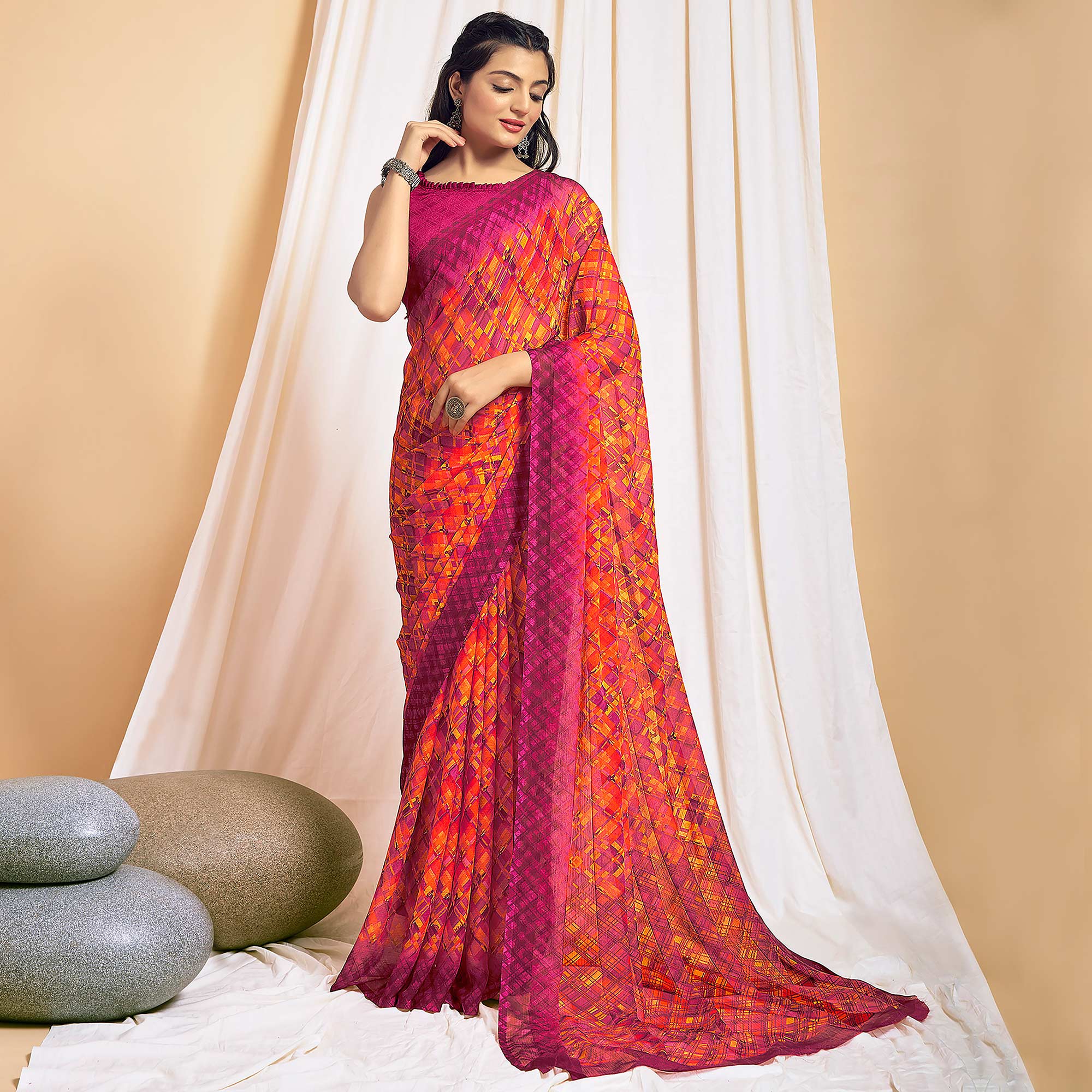 Orange Printed Chiffon Saree