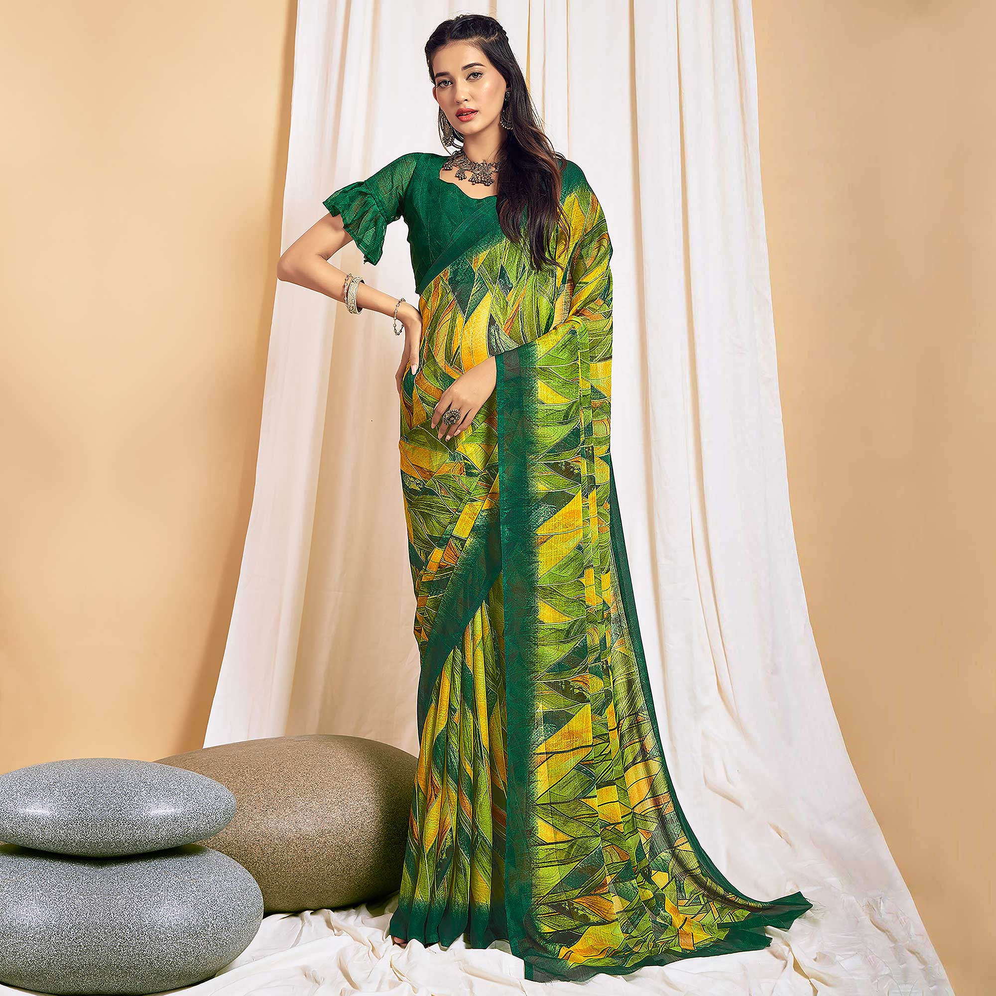 Green Printed Chiffon Saree