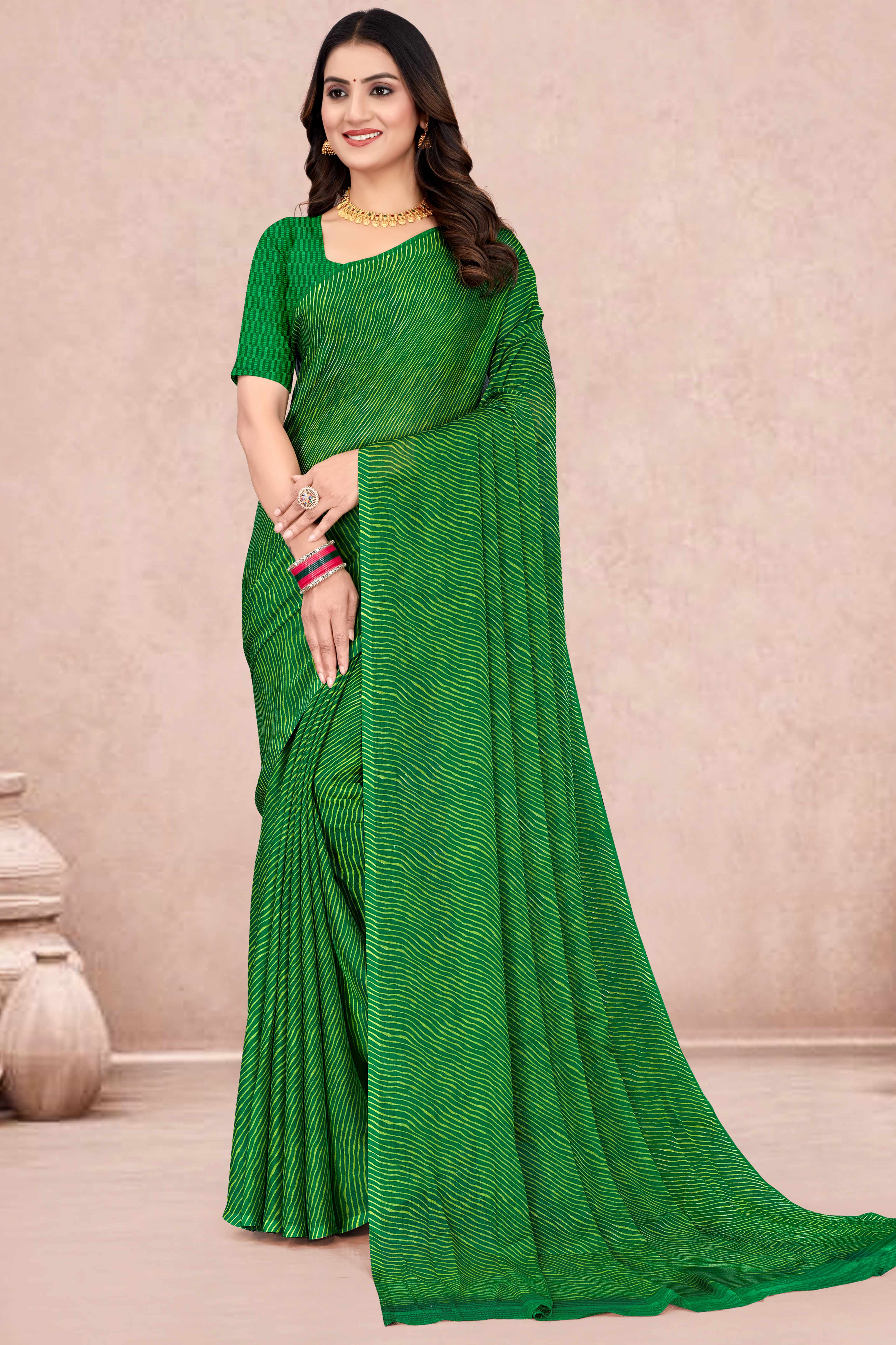 Chiffon Saree In Green with Classic Leheriya Print