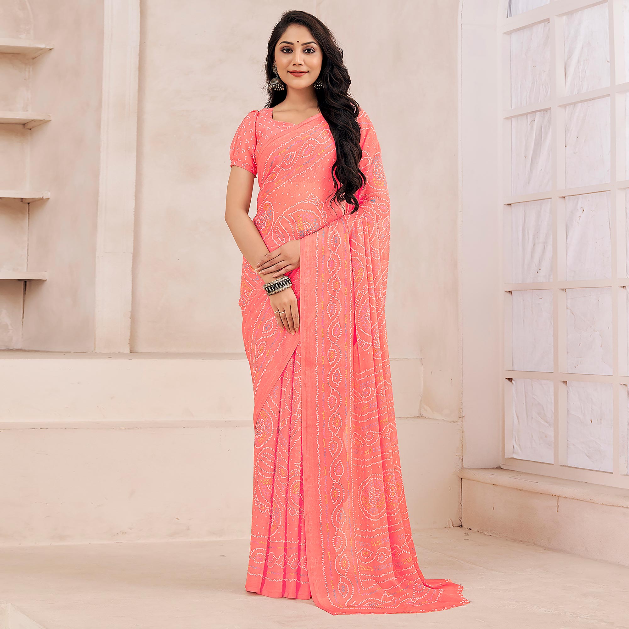 Peach Bandhani Printed Chiffon Saree