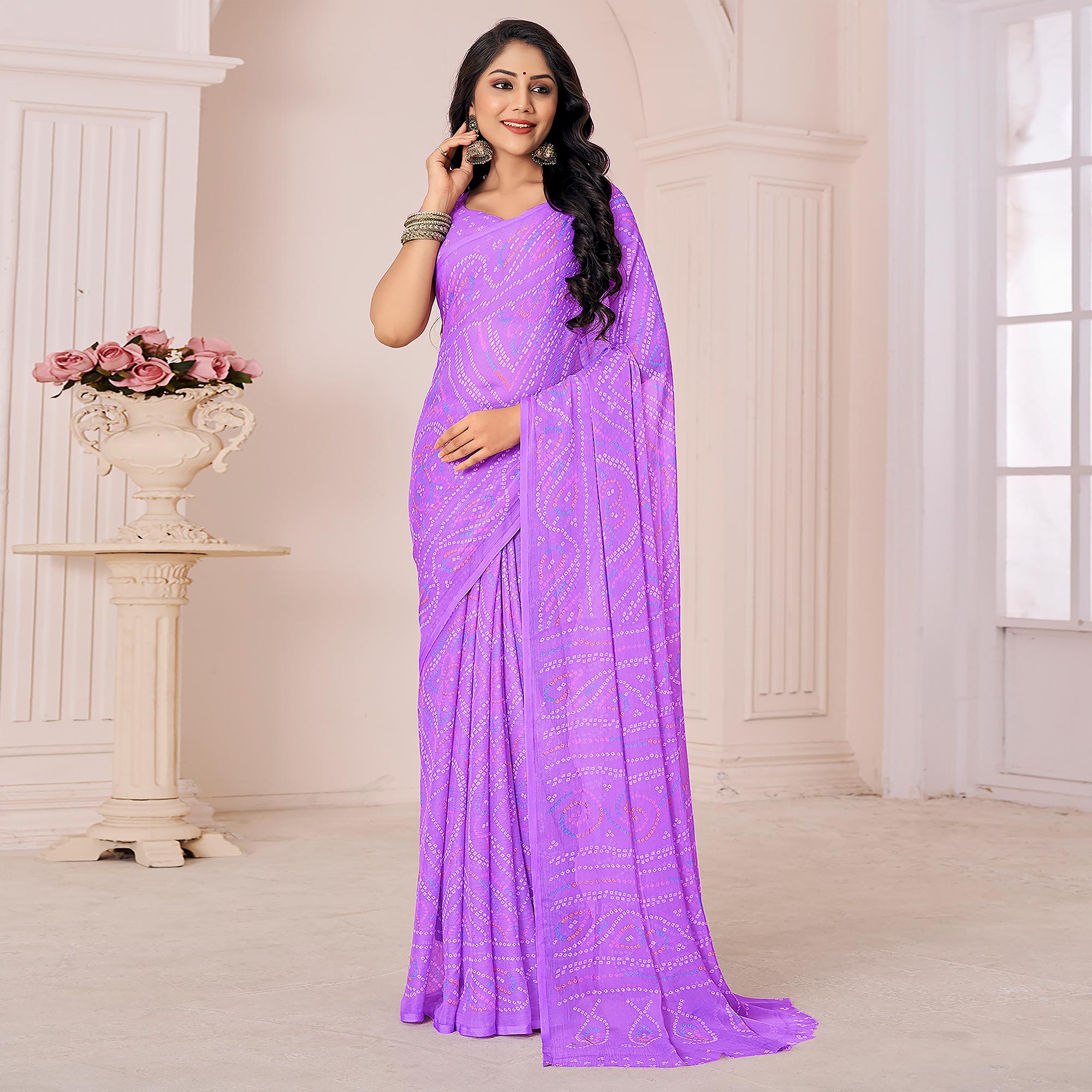 Purple Bandhani Printed Chiffon Saree