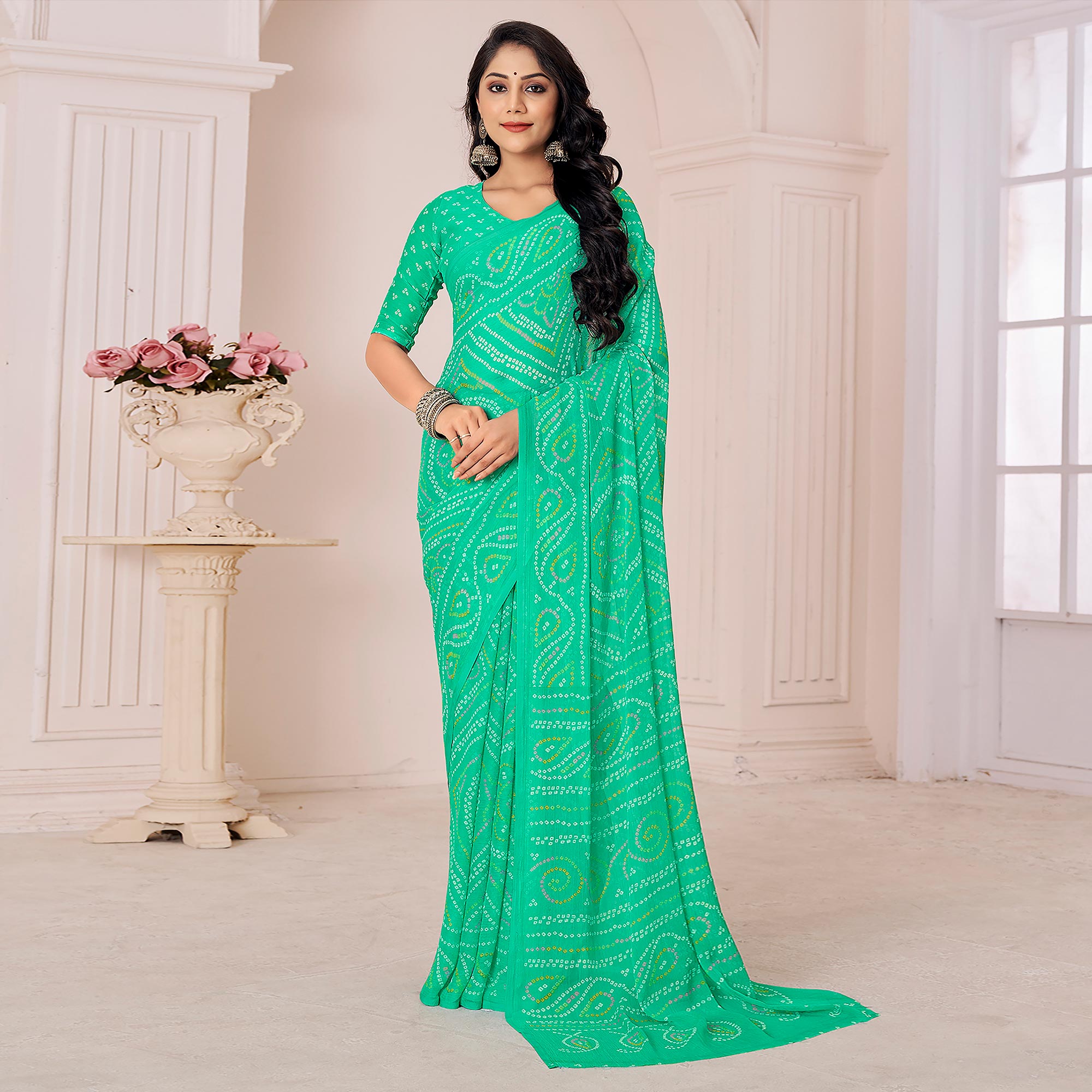Turquoise Bandhani Printed Chiffon Saree